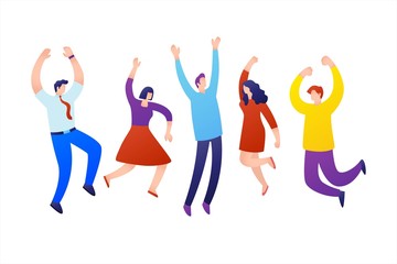 Group people jumping with raised hands isolated on white background.