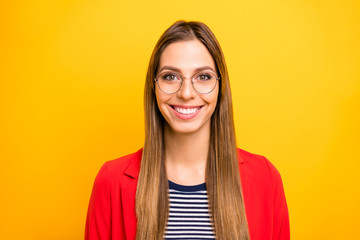 Close-up portrait of her she nice-looking attractive lovely winsome brainy genius cheerful cheery straight-haired lady isolated over bright vivid shine yellow background
