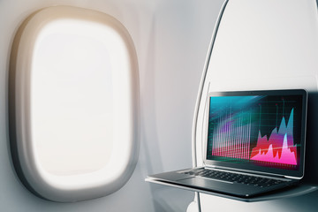 Laptop closeup inside airplane with forex graph on screen. Financial market trading concept. 3d rendering.