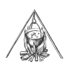 Cooking In Cauldron On Campfire Vintage Vector. Burning Tree Timbers Flame For Cook Soup Touristic Dinner. Hot Temperature Controlled Fire Of Twigs Designed In Retro Style Black And White Illustration