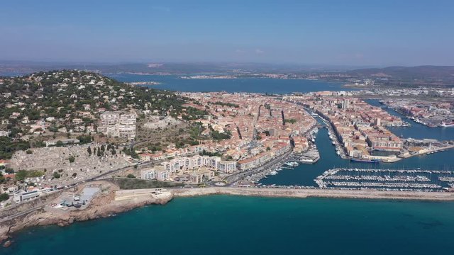 Mont Saint Clair Sete harbor aerial view sunny day mediterranean sea France canals 