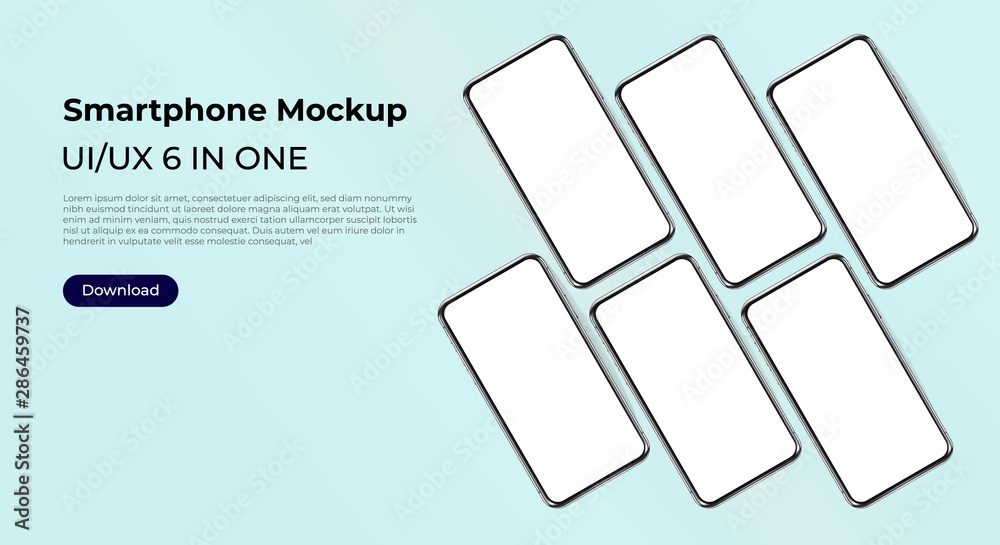 Wall mural six smartphones mock up template for user experience and app design presentation. for websites, land