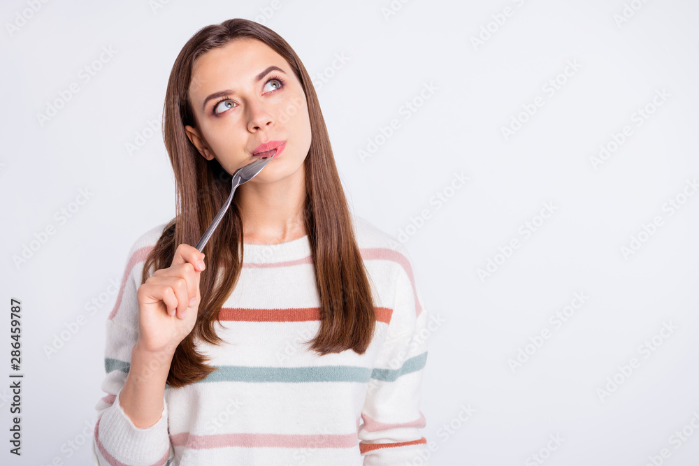 Sticker very hungry lady holding spoon into mouth dream of tasty meal wear striped pullover isolated white b