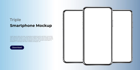 Triple realistic smartphone template mockup for user experience presentation. Stylish concept design for websites, applications and landing pages.