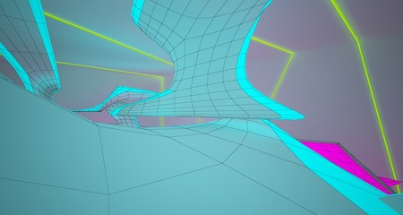 Naklejka premium Abstract architectural drawing white interior with color gradient neon lighting. 3D illustration and rendering.