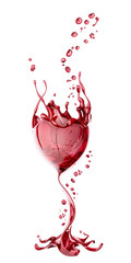 Red wine glass with splash over white background, abstract 3d rendering
