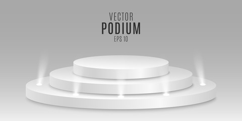 Prize place. Isolated 3D empty white podium on gray background. Small light bulbs. Vector illustration