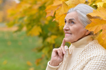Fototapeta premium Close up portrait of happy senior woman in autumn park