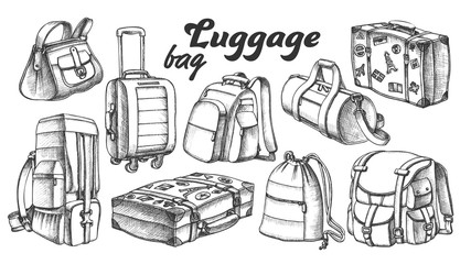 Collection Of Different Luggage Ink Set Vector. Assortment Of Luggage Bag For Business Trip, Extreme Tourist Travel. Modern And Retro Suitcases Designed In Vintage Style Black And White Illustrations