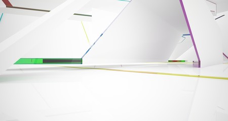 Abstract white and colored gradient glasses interior multilevel public space with window. 3D illustration and rendering.