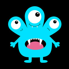 Monster blue silhouette. Three eyes, fang tooth tongue, hands. Cute cartoon kawaii scary funny character. Baby collection. Happy Halloween. Black background. Isolated. Flat design.