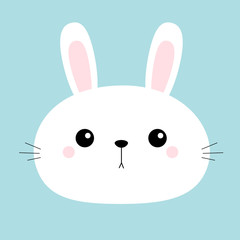 Rabbit bunny head face round icon. Cute cartoon kawaii funny baby kids character. Happy Easter. Farm animal. Blue pastel background. Flat design.