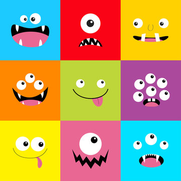 Monster head set. Square head. Boo Spooky Smiling screaming sad face emotion. Three eyes, tongue, teeth fang, mouse. Happy Halloween. Flat design style. Baby kids background.