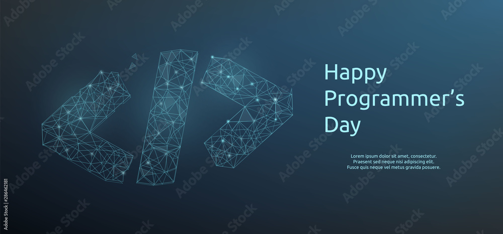 Wall mural happy programmer day banner or greeting card with code symbol in polygonal wireframe style. vector i
