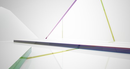 Abstract white and colored gradient glasses interior multilevel public space with window. 3D illustration and rendering.