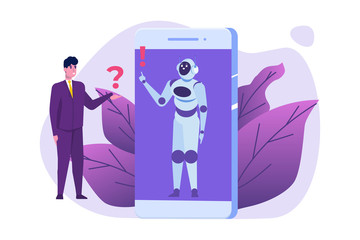 Chatbot concept. Man talking to robot. Customer support service android,  artificial intelligence dialog .