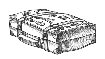 Valise With Royalty Travel Stickers Ink Vector. Lying Aged Old Tourist Valise Container For Things. Voyage Luggage For Baggage Designed In Vintage Style Black And White Illustration
