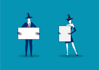 business holding banner flat illustration. Business with promotional empty placard for text mockup on halloween day. , marketers and blank advertising.