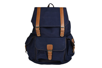 Canvas Backpack accessories isolated hipster background white.Brown with navy canvas bag. Hand made backpack for travelers. Front view