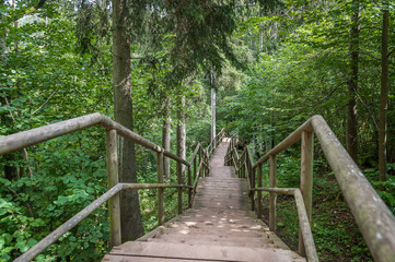 Wooden path and stairs leading to Staburags cliff of Rauna. Latvia. Baltic..
