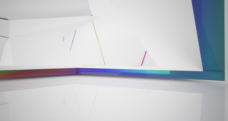 Abstract white and colored gradient glasses interior multilevel public space with window. 3D illustration and rendering.