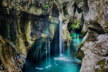 Waterfalls in the gorge of Soca river