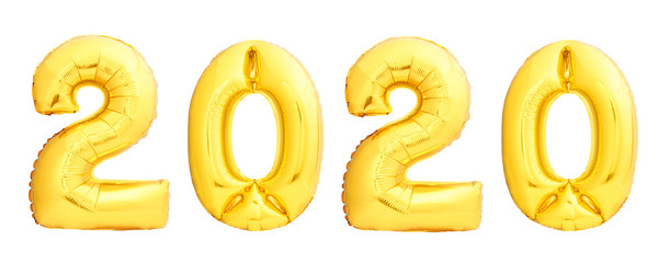 Golden Christmas balloons 2020 made of golden inflatable balloons isolated on white background. Happy New Year 2020 concept