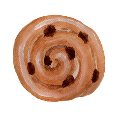 Fototapeta premium Tasty snail bun with raisins on a white background. French bakery product hand drawn watercolor illustration