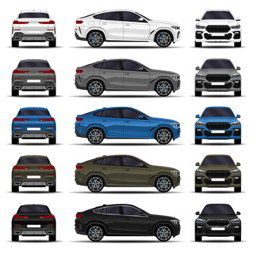 realistic SUV car. cars set. front view; side view; back view.