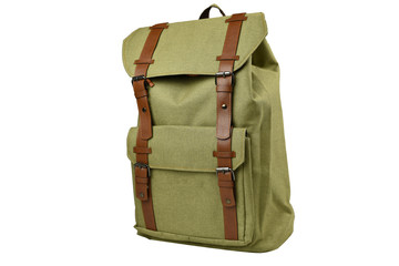 Canvas Backpack accessories isolated hipster background white. Green with brown bag. Hand made backpack for travelers.