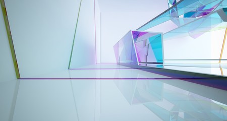 Abstract white and colored gradient glasses interior multilevel public space with window. 3D illustration and rendering.