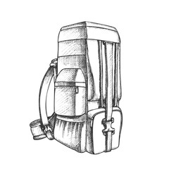 Tourist Travel Backpack Luggage Monochrome Vector. Standing Modern Tourist Suitcase Package For Vacation Trip On Mountain Or Forest. Baggage Case Designed In Vintage Style Black And White Illustration