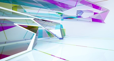 Abstract white and colored gradient glasses interior multilevel public space with window. 3D illustration and rendering.