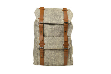 Backpack accessories isolated hipster background white. white texture with brown bag. Hand made backpack for travelers.