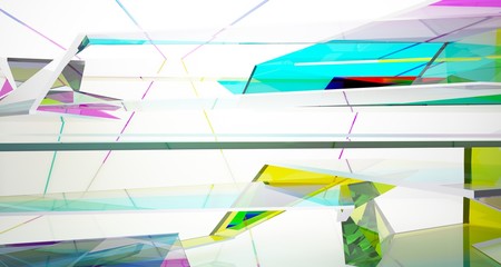 Fototapeta premium Abstract white and colored gradient glasses interior multilevel public space with window. 3D illustration and rendering.