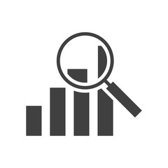 Analysis black icon on white backgroun. Graph magnifying.