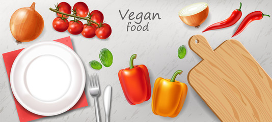 Vegetarian dinner table Vector realistic. White plate healthy food templates