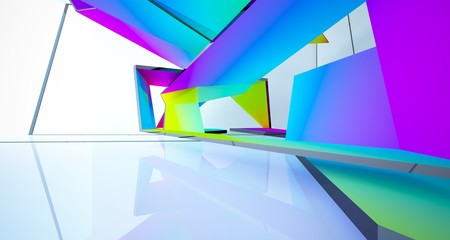 Abstract white and colored gradient  interior multilevel public space with window. 3D illustration and rendering.