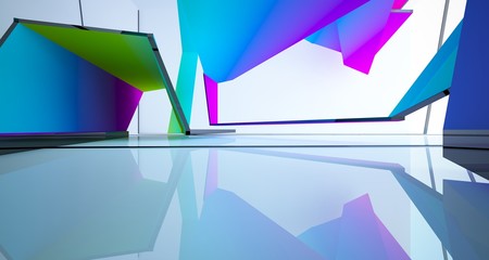 Abstract white and colored gradient  interior multilevel public space with window. 3D illustration and rendering.