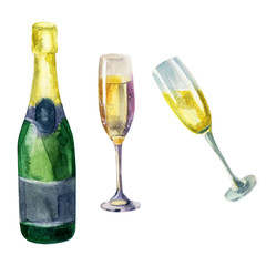 Watercolor illustration set. A bottle of champagne, wine glasses, glasses of champagne, sparkling wine