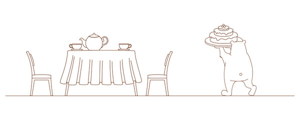 Bear drink tea with cake