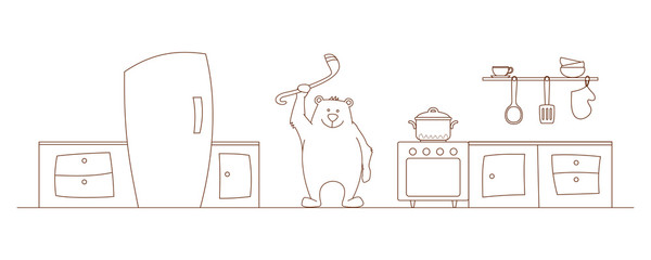 Bear is cooking soup in the kitchen