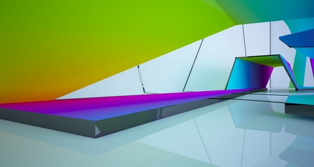 Abstract white and colored gradient  interior multilevel public space with window. 3D illustration and rendering.