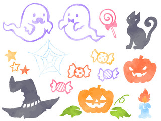 ハロウィンの水彩風イラストセット