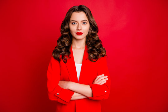 Photo Of Amazing Business Lady With Crossed Arms Dressed Formal Wear Red Jacket Isolated Burgundy Background