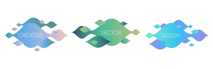 Set of three geometric badges. Trendy gradient banners. Futuristic waves for logo, flyer, presentation or social post.