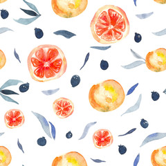 Seamless pattern with grapefruits and its slices, with berries and leaves. Isolated on a whire background