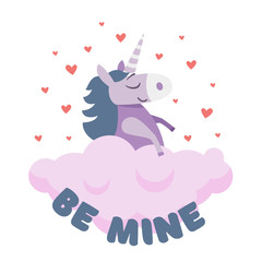 Illustration of dreaming unicorn in love - Valentines day postcard. Cute fantasy animal. Retro colors