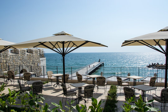 08/24/2019 View of the sea from the garden of the hotel Villa Chinka, St Constantine and Elena, Varna, Bulgaria, summer sea