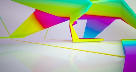 Abstract white and colored gradient  interior multilevel public space with window. 3D illustration and rendering.